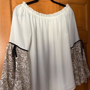 White House Black Market White Off-Shoulder Top with Beige Lace Bell Sleeves